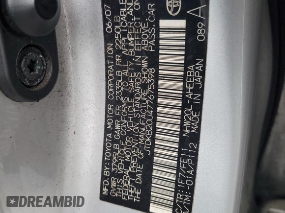 2007 Toyota Prius with VIN JTDKB20U477675398, listed as a Copart auction lot 55328865 with 414,975 mi miles and Salvage Title. Bid and sale history available at DreamBid. Image 12.