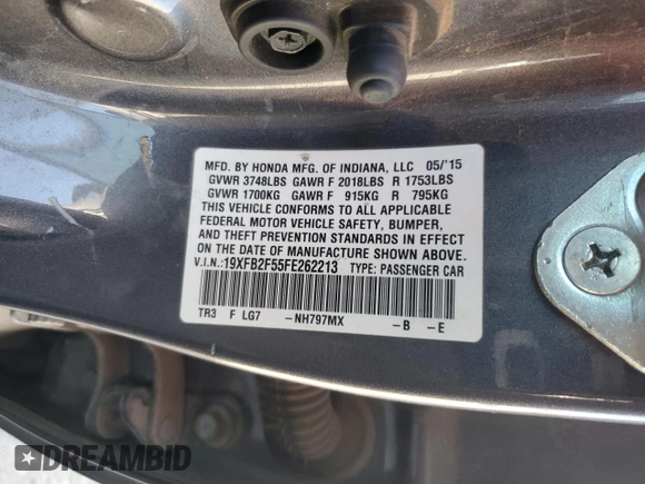 2015 Honda Civic Sedan LX with VIN 19XFB2F55FE262213, listed as a Copart auction lot 52417925 with 154,763 mi miles and Salvage Title. Bid and sale history available at carsss.com. Image 15.