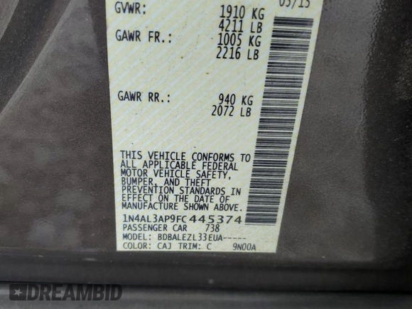2015 Nissan Altima S with VIN 1N4AL3AP9FC445374, listed as a Copart auction lot 51103495 with 96,153 mi miles and Salvage Title. Bid and sale history available at DreamBid. Image 12.