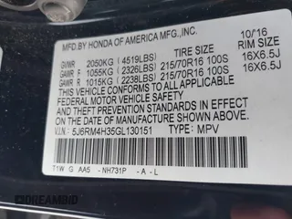 2016 Honda CR-V LX with VIN 5J6RM4H35GL130151, listed as a IAAI auction lot 41427717 with 182,009 mi miles. Bid and sale history available at carsss.com. Image 9.