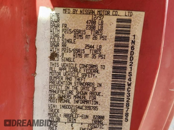 1998 Nissan Frontier XE with VIN 1N6DD21S4WC328785, listed as a Copart auction lot 62424085 with Not provided miles and Salvage title. Bid and sale history available at DreamBid. Image 12.