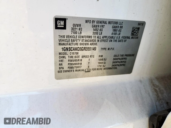 2016 Chevrolet Tahoe LS with VIN 1GNSCAKC6GR355149, listed as a Copart auction lot 60883305 with 179,782 mi miles and Salvage title. Bid and sale history available at DreamBid. Image 14.