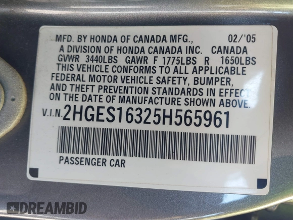 2005 Honda Civic VP with VIN 2HGES16325H565961, listed as a IAAI auction lot 41510330 with 174,275 mi miles and . Bid and sale history available at DreamBid. Image 9.
