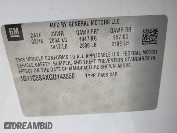 2016 Chevrolet Malibu LT with VIN 1G11C5SAXGU143550, listed as a IAAI auction lot 42005961 with 316,391 mi miles and . Bid and sale history available at DreamBid. Image 9.