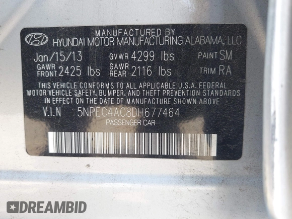 2013 Hyundai Sonata Limited with VIN 5NPEC4AC8DH677464, listed as a IAAI auction lot 42011646 with 101,695 mi miles and . Bid and sale history available at carsss.com. Image 9.