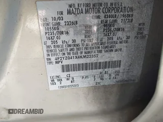 2004 Mazda Tribute LX with VIN 4F2YZ041X4KM23352, listed as a IAAI auction lot 41605357 with 276,243 mi miles and . Bid and sale history available at DreamBid. Image 9.