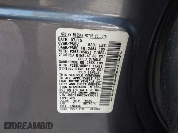 2016 Infiniti QX70 with VIN JN8CS1MU2GM130315, listed as a IAAI auction lot 42483940 with 110,842 mi miles and . Bid and sale history available at DreamBid. Image 9.