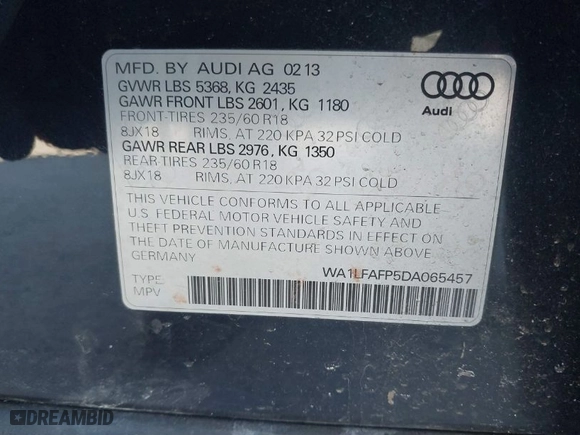 2013 Audi Q5 Premium Plus with VIN WA1LFAFP5DA065457, listed as a IAAI auction lot 41769823 with 175,938 mi miles. Bid and sale history available at carsss.com. Image 9.