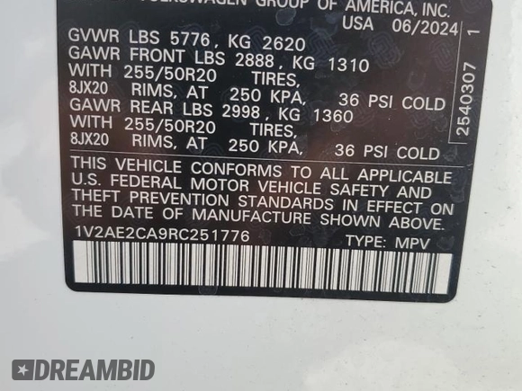 2024 Volkswagen Atlas SEL R-Line with VIN 1V2AE2CA9RC251776, listed as a Copart auction lot 56963285 with 11,137 mi miles and Salvage title. Bid and sale history available at DreamBid. Image 14.
