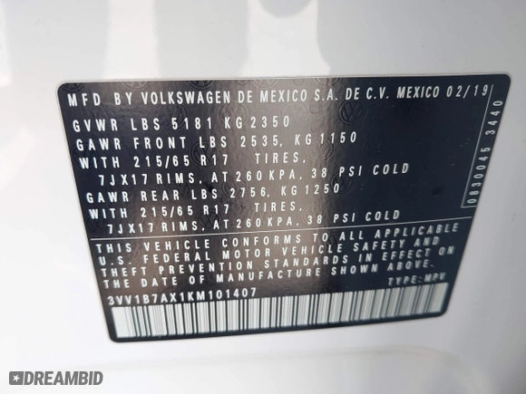2019 Volkswagen Tiguan S with VIN 3VV1B7AX1KM101407, listed as a IAAI auction lot 42032761 with 51,868 mi miles. Bid and sale history available at carsss.com. Image 9.