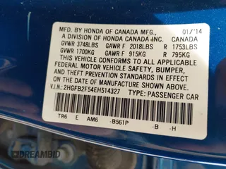 2014 Honda Civic Sedan LX with VIN 2HGFB2F54EH514327, listed as a IAAI auction lot 41781065 with 181,055 mi miles. Bid and sale history available at carsss.com. Image 9.