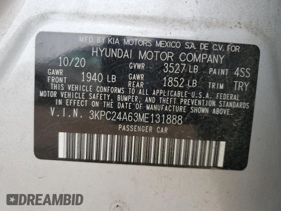 2021 Hyundai Accent SE с VIN 3KPC24A63ME131888, выставлен на аукционе Copart как лот 54426265 с пробегом 124 523 миль миль и Списание • Salvage title. История ставок и продаж доступна на DreamBid. Изображение 12.