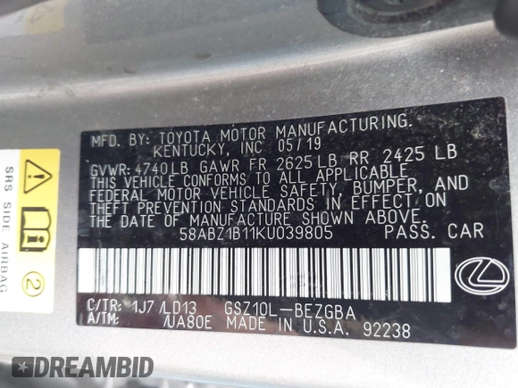 2019 Lexus ES 350 with VIN 58ABZ1B11KU039805, listed as a IAAI auction lot 42710663 with 52,565 mi miles and . Bid and sale history available at DreamBid. Image 9.
