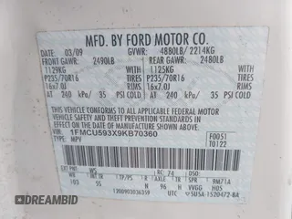 2009 Ford Escape Hybrid with VIN 1FMCU593X9KB70360, listed as a IAAI auction lot 42270239 with 133,658 mi miles and . Bid and sale history available at DreamBid. Image 9.