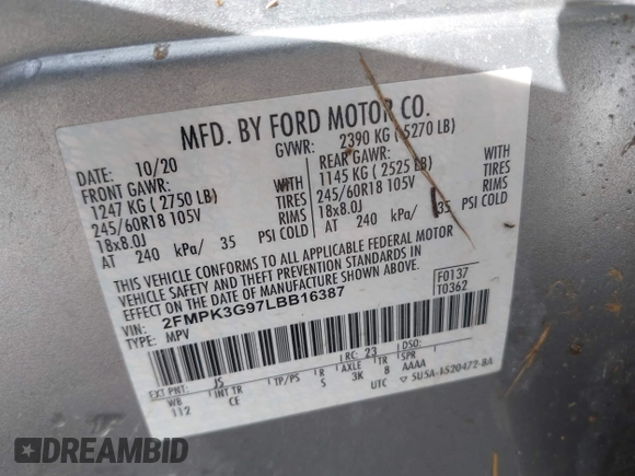 2020 Ford Edge SE z VIN 2FMPK3G97LBB16387, wystawiony jako IAAI lot #41822322 z przebiegiem Nie podano mil oraz . Historia ofert i sprzedaży dostępna na DreamBid. Obrazek 9.