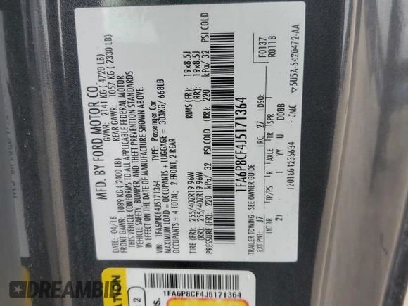 2018 Ford Mustang GT with VIN 1FA6P8CF4J5171364, listed as a Copart auction lot 41586105 with 104,304 mi miles and Salvage Title. Bid and sale history available at carsss.com. Image 15.