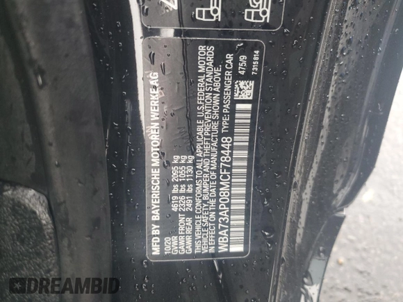 2021 BMW 4 Series 430i xDrive with VIN WBA73AP08MCF78448, listed as a Copart auction lot 81603814 with 43,764 mi miles and Salvage Title. Bid and sale history available at carsss.com. Image 13.