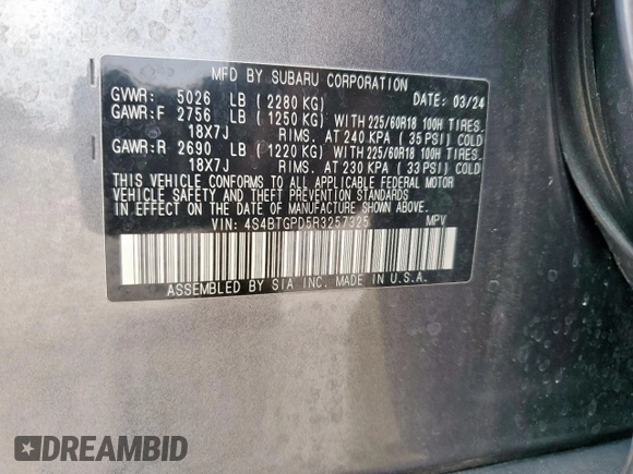 2024 Subaru Outback Touring XT с VIN 4S4BTGPD5R3257325, выставлен на аукционе Copart как лот 59504935 с пробегом 4 297 миль миль и Списание • Salvage title. История ставок и продаж доступна на DreamBid. Изображение 13.