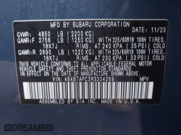 2024 Subaru Outback Touring с VIN 4S4BTAPC3R3204269, выставлен на аукционе IAAI как лот 41923253 с пробегом 12 059 миль миль и . История ставок и продаж доступна на DreamBid. Изображение 9.