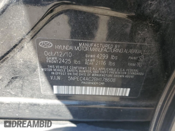 2011 Hyundai Sonata Limited with VIN 5NPEC4AC2BH178608, listed as a Copart auction lot 53336515 with 176,557 mi miles and Salvage Title. Bid and sale history available at DreamBid. Image 12.