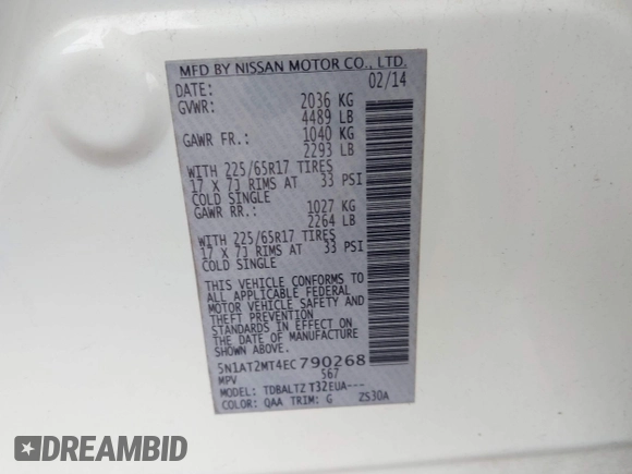 2014 Nissan Rogue SV with VIN 5N1AT2MT4EC790268, listed as a IAAI auction lot 41968063 with 167,389 mi miles and . Bid and sale history available at DreamBid. Image 9.