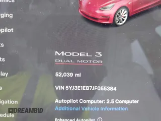 2018 Tesla Model 3 Long Range Battery with VIN 5YJ3E1EB7JF055384, listed as a IAAI auction lot 41924325 with 52,039 mi miles and . Bid and sale history available at DreamBid. Image 7.