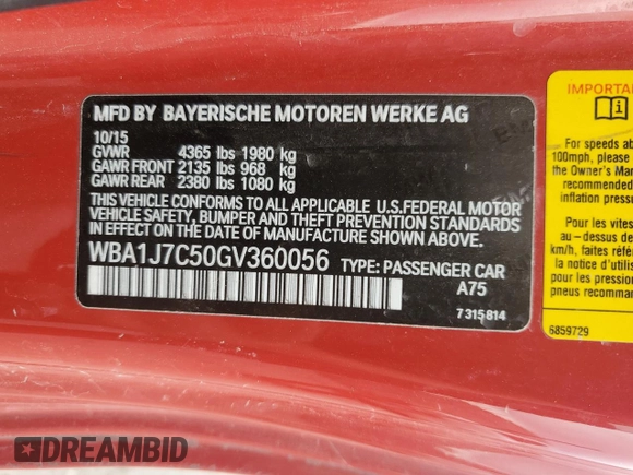 2016 BMW 2 Series M235i with VIN WBA1J7C50GV360056, listed as a Copart auction lot 64852295 with Not provided miles and Salvage title. Bid and sale history available at DreamBid. Image 13.