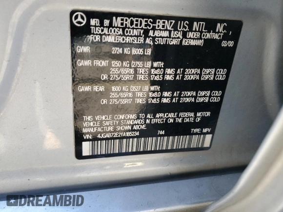 2000 Mercedes-Benz M 320/430/500 with VIN 4JGAB72E2YA185234, listed as a Copart auction lot 83479684 with 209,491 mi miles and Clean title. Bid and sale history available at DreamBid. Image 12.