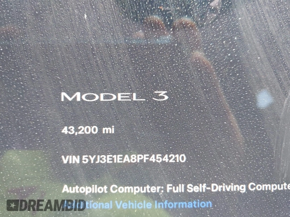 2023 Tesla Model 3 with VIN 5YJ3E1EA8PF454210, listed as a IAAI auction lot 42326822 with 43,200 mi miles and . Bid and sale history available at DreamBid. Image 16.