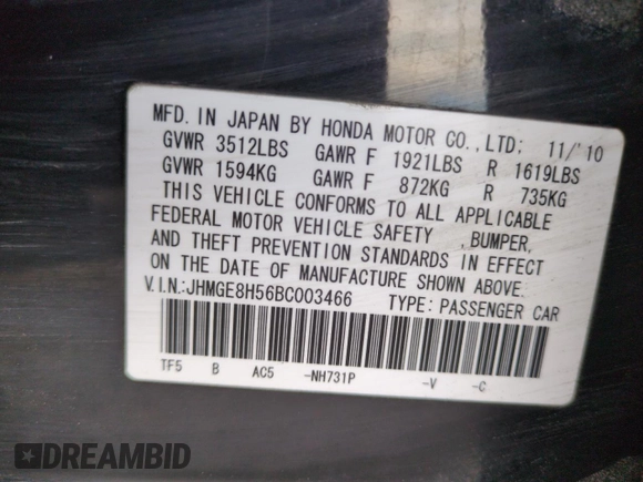 2011 Honda Fit Sport with VIN JHMGE8H56BC003466, listed as a Copart auction lot 46373785 with 73,600 mi miles and Salvage Title. Bid and sale history available at DreamBid. Image 13.
