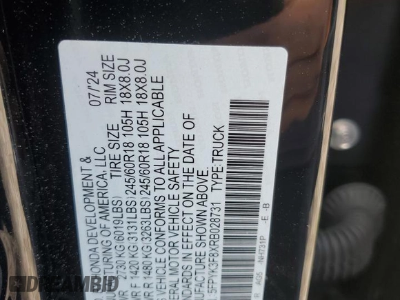 2024 Honda Ridgeline Black Edition with VIN 5FPYK3F8XRB028731, listed as a Copart auction lot 58711475 with 7,775 mi miles and Salvage title. Bid and sale history available at DreamBid. Image 12.
