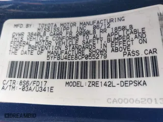 2012 Toyota Corolla L with VIN 5YFBU4EE8CP055279, listed as a IAAI auction lot 41781812 with 154,219 mi miles. Bid and sale history available at carsss.com. Image 9.