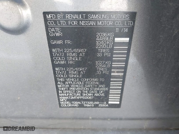 2015 Nissan Rogue SV with VIN KNMAT2MTXFP513087, listed as a IAAI auction lot 41737971 with 143,892 mi miles. Bid and sale history available at carsss.com. Image 9.