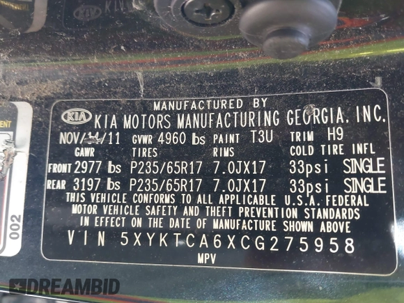 2012 Kia Sorento LX with VIN 5XYKTCA6XCG275958, listed as a IAAI auction lot 41542339 with 390,000 mi miles. Bid and sale history available at carsss.com. Image 9.