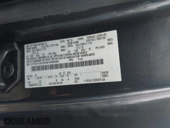 2016 Ford F-150 XLT with VIN 1FTEX1EP0GFD08080, listed as a IAAI auction lot 42303315 with 126,918 mi miles and . Bid and sale history available at DreamBid. Image 9.