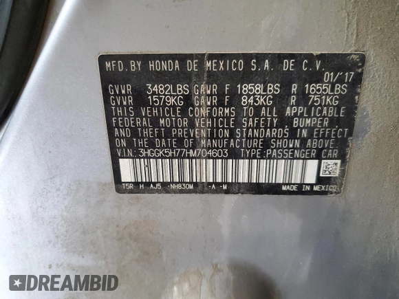 2017 Honda Fit EX with VIN 3HGGK5H77HM704603, listed as a Copart auction lot 59453555 with 92,560 mi miles and Salvage title. Bid and sale history available at DreamBid. Image 13.