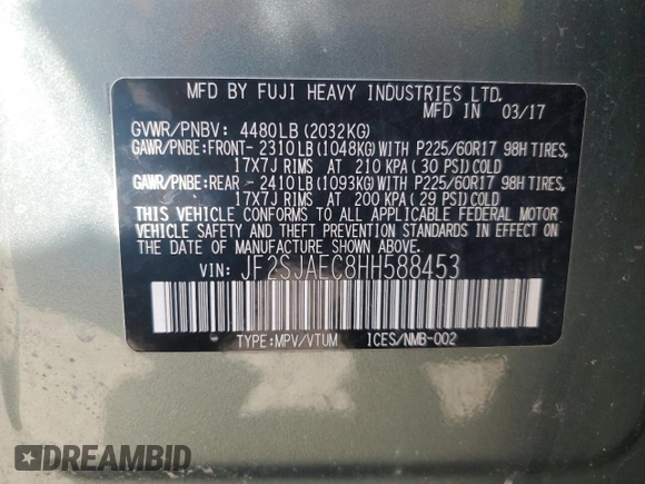 2017 Subaru Forester Premium with VIN JF2SJAEC8HH588453, listed as a Copart auction lot 54899375 with 64,874 mi miles and Salvage Title. Bid and sale history available at DreamBid. Image 14.