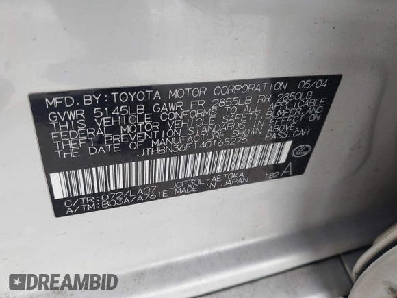 2004 Lexus LS 430 with VIN JTHBN36F140165275, listed as a IAAI auction lot 42182212 with 246,908 mi miles and . Bid and sale history available at DreamBid. Image 9.