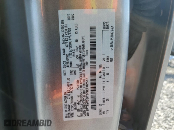 2022 Ford F-350 XL with VIN 1FT8W3BT0NEF02513, listed as a Copart auction lot 48877055 with 53,030 mi miles and Salvage Title. Bid and sale history available at DreamBid. Image 13.