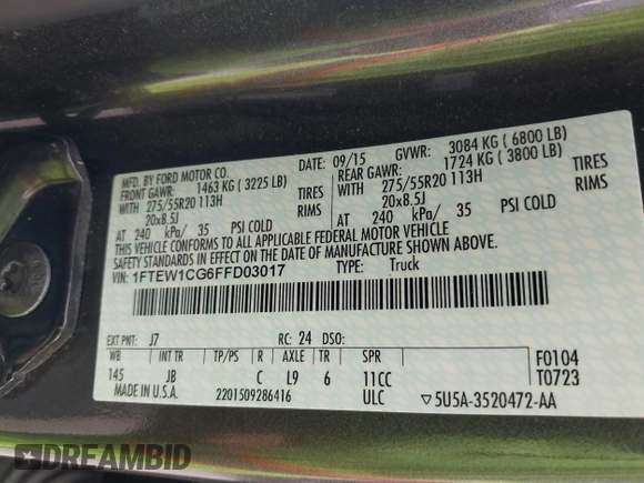 2015 Ford F-150 XL with VIN 1FTEW1CG6FFD03017, listed as a IAAI auction lot 41748415 with 132,241 mi miles. Bid and sale history available at carsss.com. Image 9.