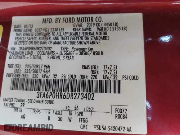 2013 Ford Fusion SE with VIN 3FA6P0HR6DR273402, listed as a IAAI auction lot 42228994 with 97,869 mi miles and . Bid and sale history available at DreamBid. Image 9.