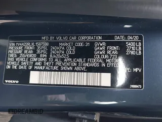 2020 Volvo XC60 Inscription with VIN YV4A22RLXL1587598, listed as a IAAI auction lot 42081511 with 54,008 mi miles and . Bid and sale history available at DreamBid. Image 9.