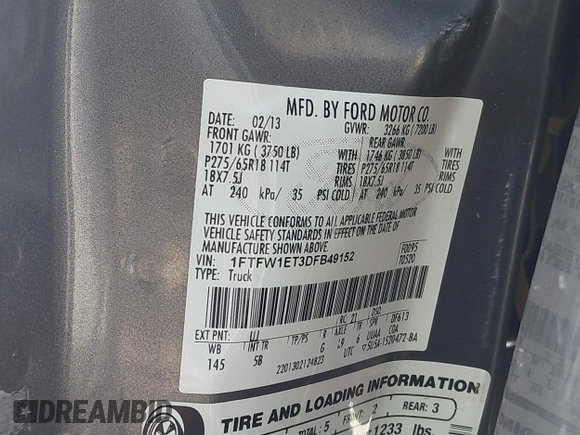 2013 Ford F-150 XL with VIN 1FTFW1ET3DFB49152, listed as a IAAI auction lot 41273167 with Not provided miles and . Bid and sale history available at DreamBid. Image 9.