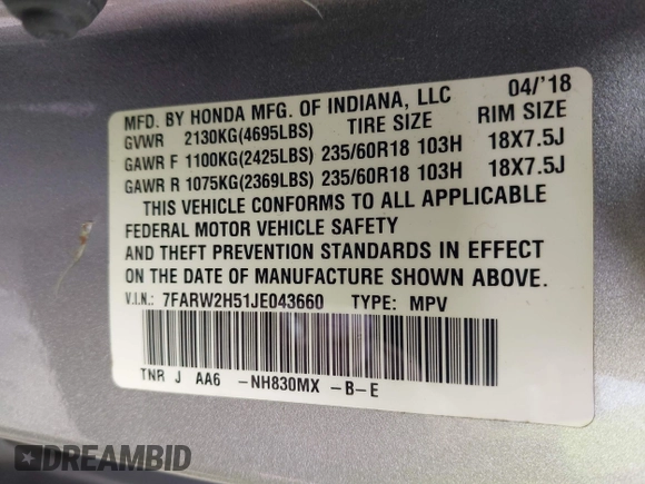 2018 Honda CR-V EX with VIN 7FARW2H51JE043660, listed as a IAAI auction lot 41952272 with 58,536 mi miles and . Bid and sale history available at DreamBid. Image 9.