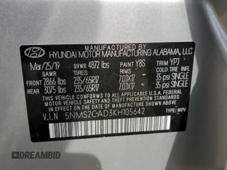 2019 Hyundai Santa Fe SE z VIN 5NMS2CAD3KH105642, wystawiony jako Copart lot #56133945 z przebiegiem 55 621 mil mil oraz Szkoda całkowita • Salvage title. Historia ofert i sprzedaży dostępna na DreamBid. Obrazek 14.