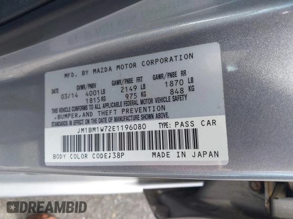 2014 Mazda 3 i Grand Touring with VIN JM1BM1W72E1196080, listed as a IAAI auction lot 42002800 with 88,772 mi miles. Bid and sale history available at carsss.com. Image 9.