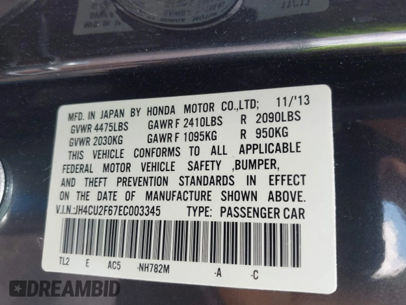 2014 Acura TSX Technology z VIN JH4CU2F67EC003345, wystawiony jako IAAI lot #42453138 z przebiegiem 120 419 mil mil oraz . Historia ofert i sprzedaży dostępna na DreamBid. Obrazek 9.