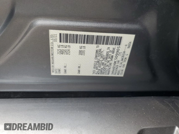 2021 Nissan Maxima SV with VIN 1N4AA6CV6MC509905, listed as a Copart auction lot 57339105 with 64,396 mi miles and Non repairable. Bid and sale history available at DreamBid. Image 12.