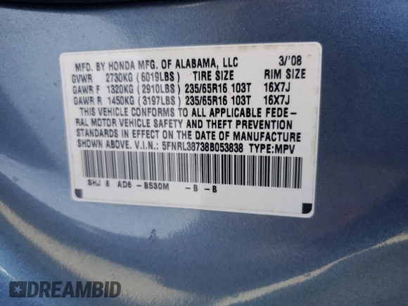 2008 Honda Odyssey EX-L with VIN 5FNRL38738B053838, listed as a Copart auction lot 47060665 with 142,145 mi miles and Salvage Title. Bid and sale history available at carsss.com. Image 13.