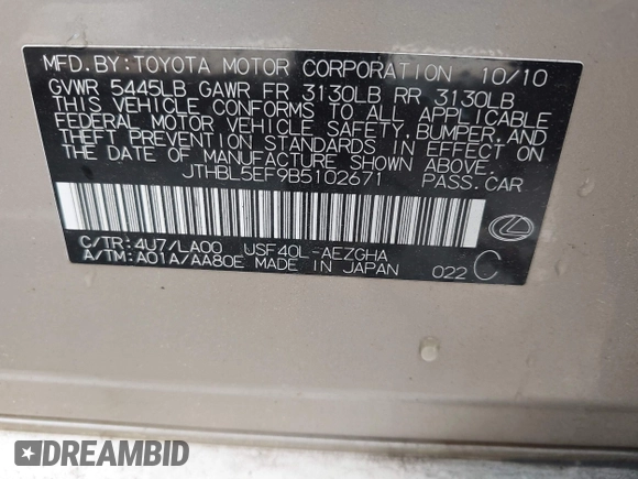 2011 Lexus LS 460 with VIN JTHBL5EF9B5102671, listed as a IAAI auction lot 42387699 with 199,492 mi miles and . Bid and sale history available at DreamBid. Image 9.